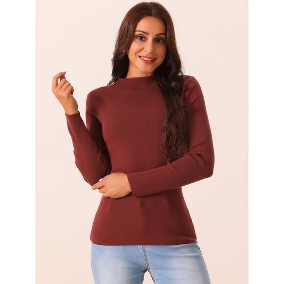 Fall Winter Long Sleeve Ribbed Knit Slim Fit Pullover Sweater Top Wine Red - Picture 3 of 5